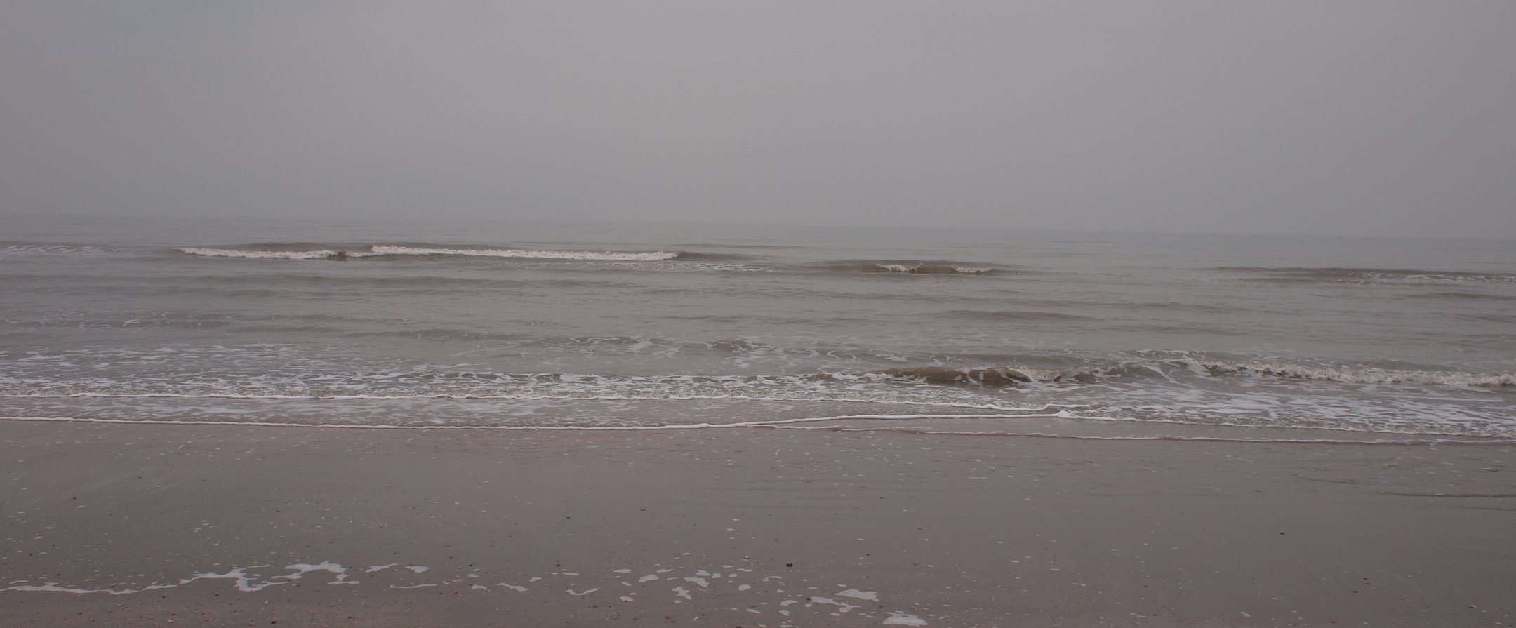 Strand en zee onder een grijze lucht